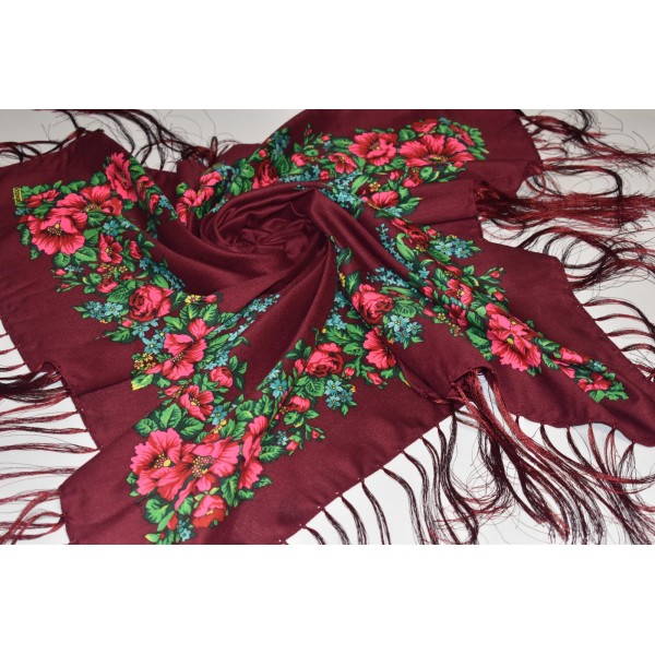 Eșarfă tradițională înflorată - grena